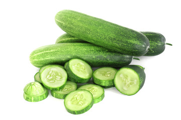 fresh green cucumber stack with slice isolate on white background
