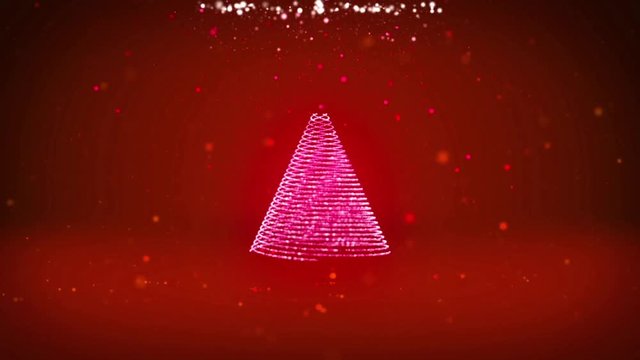 Wide angle shot of winter theme for Christmas or New Year background with copy space. Xmas tree from particles in mid-frame. Red 3d Xmas tree V3 with glitter particles DOF rotating space