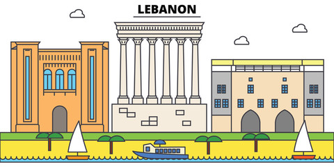 Naklejka premium Liban zarys panoramę miasta, ilustracja liniowa, baner linii, punkt orientacyjny podróży, sylwetka budynków, wektor