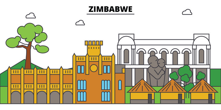 Zimbabwe outline city skyline, linear illustration, line banner, travel landmark, buildings silhouette,vector