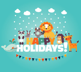 Winter holiday lovely vector card with funny cute animals, blue sky, snowflakes, clouds and garland. Ideal for cards, invitations, party, banners, kindergarten, preschool and children room decoration