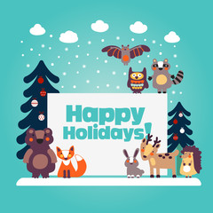 Holiday lovely vector card with funny cute animals, blue sky, snowflakes, clouds and Christmas trees decorating with holiday toys. Christmas and New Year vector illustration. Funny winter background