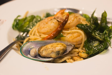 Seafood Spaghetti in a restaurant
