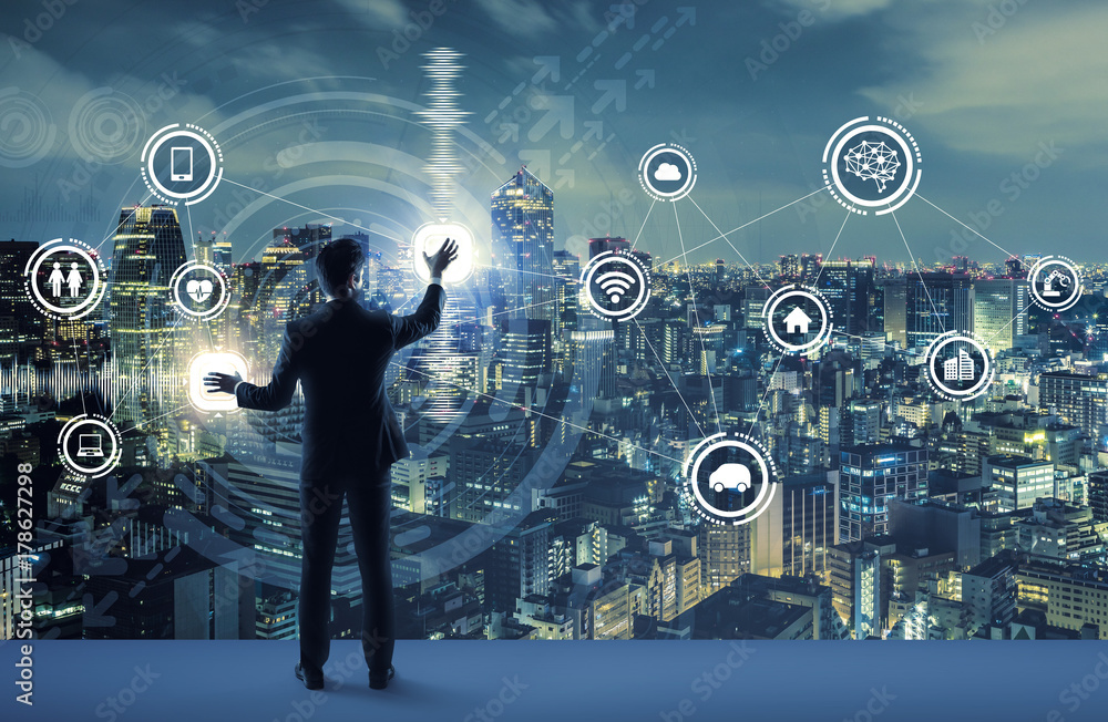Poster young business person and graphical user interface concept. artificial intelligence. internet of thi