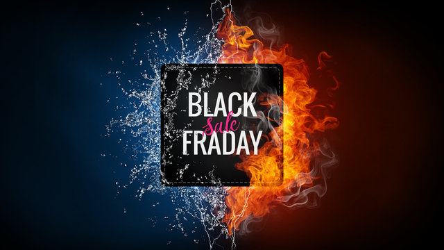 Black friday sale advertising banner with hand lettered element on the background with fire flame, water splashes and lightning. Discount, shopping, promotion concept. Vertical design with copy space.