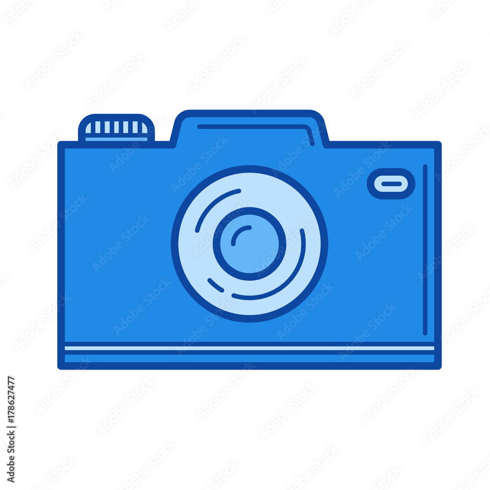Poster camera line icon isolated on white background. camera line icon for infographic, website or app. blu