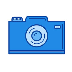 Camera line icon isolated on white background. Camera line icon for infographic, website or app. Blue icon designed on a grid system.