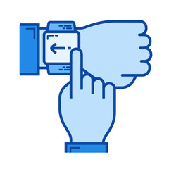 Human finger touching the screen of smartwatch to unlock line icon isolated on white background. Smartwatch line icon for infographic, website or app. Blue icon designed on a grid system.