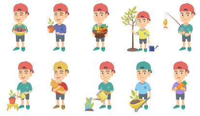 Little caucasian boy set. Boy holding the basket with strawberry, blueberry, fruit, vegetables, watering plant, planting a tree. Set of vector sketch cartoon illustrations isolated on white background