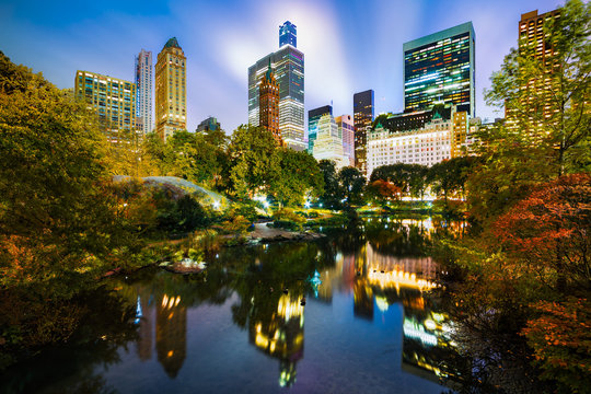 The Pond by night, as viewed from Gapstow Bridge in Central Park, New York City