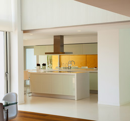 Close-up of white kitchen unit in modern interior