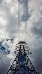 high angle view. electrical poles of high volt with electric cable. has cloud and sky are background. this image for danger, business, industry, nature, building, scenery concept © Pangzz