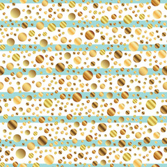 Golden dots seamless pattern on blue striped background. Radiant gradient golden dots endless random scattered confetti on blue striped background. Confetti fall chaotic decor.