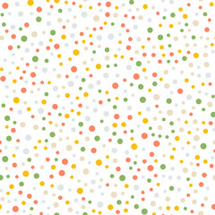 Colorful polka dots seamless pattern on white 5 background. Attractive classic colorful polka dots textile pattern. Seamless scattered confetti fall chaotic decor. Abstract vector illustration.