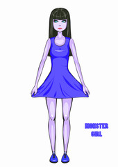 Monster girl in blue dress on isolated background