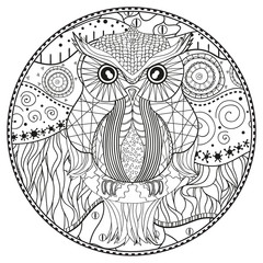 Mandala with owl. Design Zentangle. Hand drawn abstract patterns on isolation background. Design for spiritual relaxation for adults.  Black and white illustration for coloring. Zen art