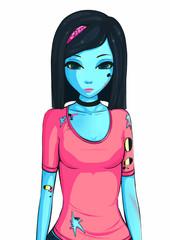 Zombie girl with black hair on isolated background. Zombie walking