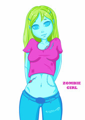 Zombie girl with yellow-green hair on isolated background. Zombie party