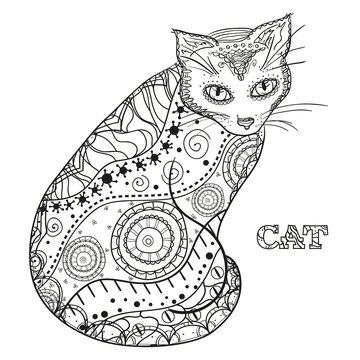 Cat. Design Zentangle. Hand drawn cat with abstract patterns on isolation background. Design for spiritual relaxation for adults.  Black and white illustration for coloring. Zen art. Decorative style