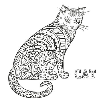 Cat. Design Zentangle. Hand drawn cat with abstract patterns on isolation background. Design for spiritual relaxation for adults.  Black and white illustration for coloring. Zen art