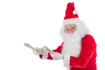 Happy merry Christmas Santa Claus pointing holding Gift Box with Isolated on white background.