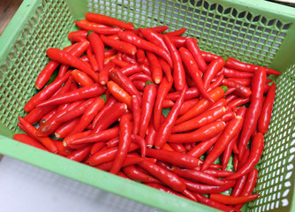 Fresh and spicy chili peppers in basket.