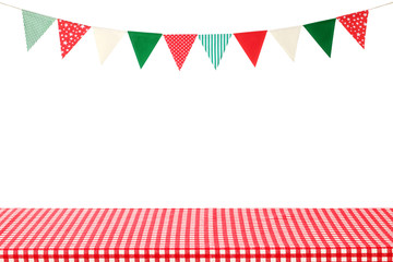 Christmas, new year bunting party flags isolated on white background and red tablecloth, product display montage