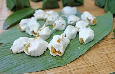 cooking thai sweet dessert original traditional style in banana leaf.