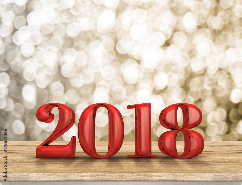 Poster 2018 new year red wood number (3d rendering) on wood table with sparkling gold bokeh wall,leave spac