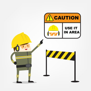 Construction ,Technician worker pointing caution sign, safety first concept ,vector illustrator