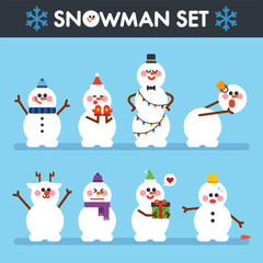 cute christmas snowman character vector flat design illustration set 