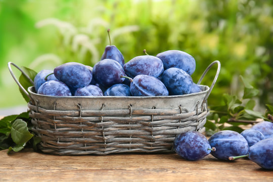 Ripe plums in basket and on wooden table outdoors