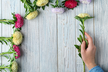 Woman arranging beautiful chrysanthemum flowers on wooden table