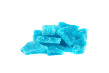 Blue crystal of methamphetamine isolated on white background. Blue ice, bath salt, drug. Blue meth.