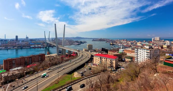 vladivostok famous city golden rog bridge bay panorama time lapse russia