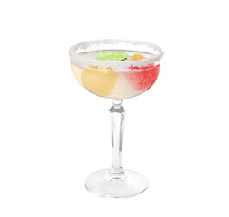 Cocktail glass with melon ball drink on white background