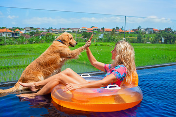 Funny golden labrador retriever give high five to happy girl swimming in pool. Fun with friends at...