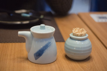 Small glass bottle for sauce Shoyu, cute toothpick in a small ceramics
