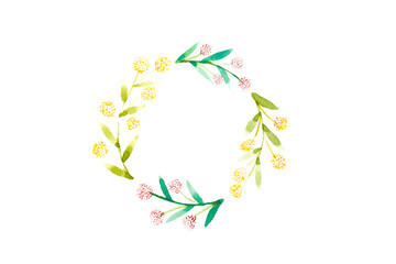 watercolor of green branches and leaves floral frame, round wreath in circle on white background