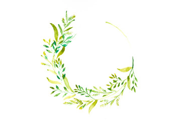 watercolor of green branches and leaves frame, round wreath in circle on white background