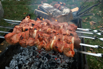 Grill meat barbeque on fire.