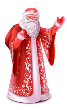 Red russian santa claus do greeting waving hand