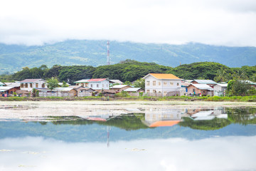 Fototapeta premium Myanmar, Inle lake,8 October,2017: view from the top viewpoint on the roof and surroundings- the city of Nyaungshwe,river town at the Inle Lake