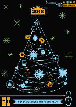  Pathway in the shape of christmas tree. Bright neon christmas logistics icons on the black background. Technology background. 