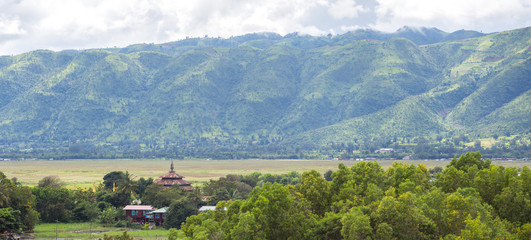 view from the top viewpoint on the roof and surroundings- the city of Nyaungshwe,river town at the Inle Lake