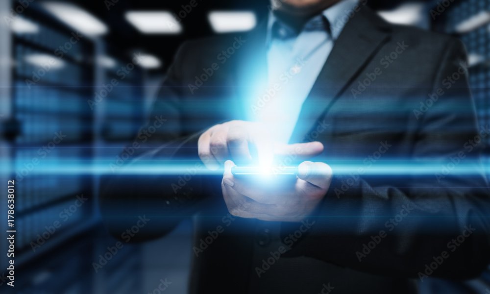 Poster businessman pressing button on virtual screen. man pointing on futuristic interface. innovation tech