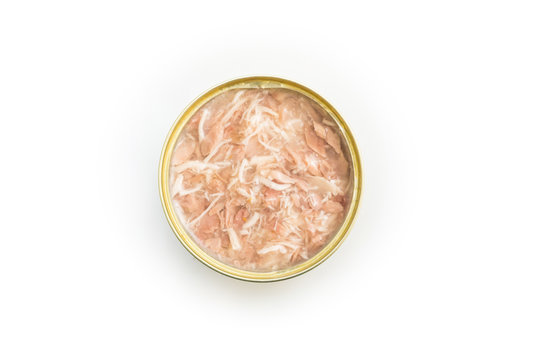 Canned Chicken and Tuna isolated, open chicken tin on a white background, Canned soy, Tuna packed in water