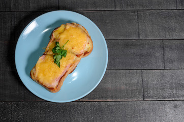 Sandwich with meat, cheese and greens on a blue plate