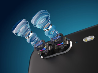 Modern lens of smartphone double camera structure. New features for a smartphone camera concept. 3d illustration