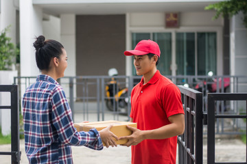 Young man Delivering Package to customer at home. Delivery